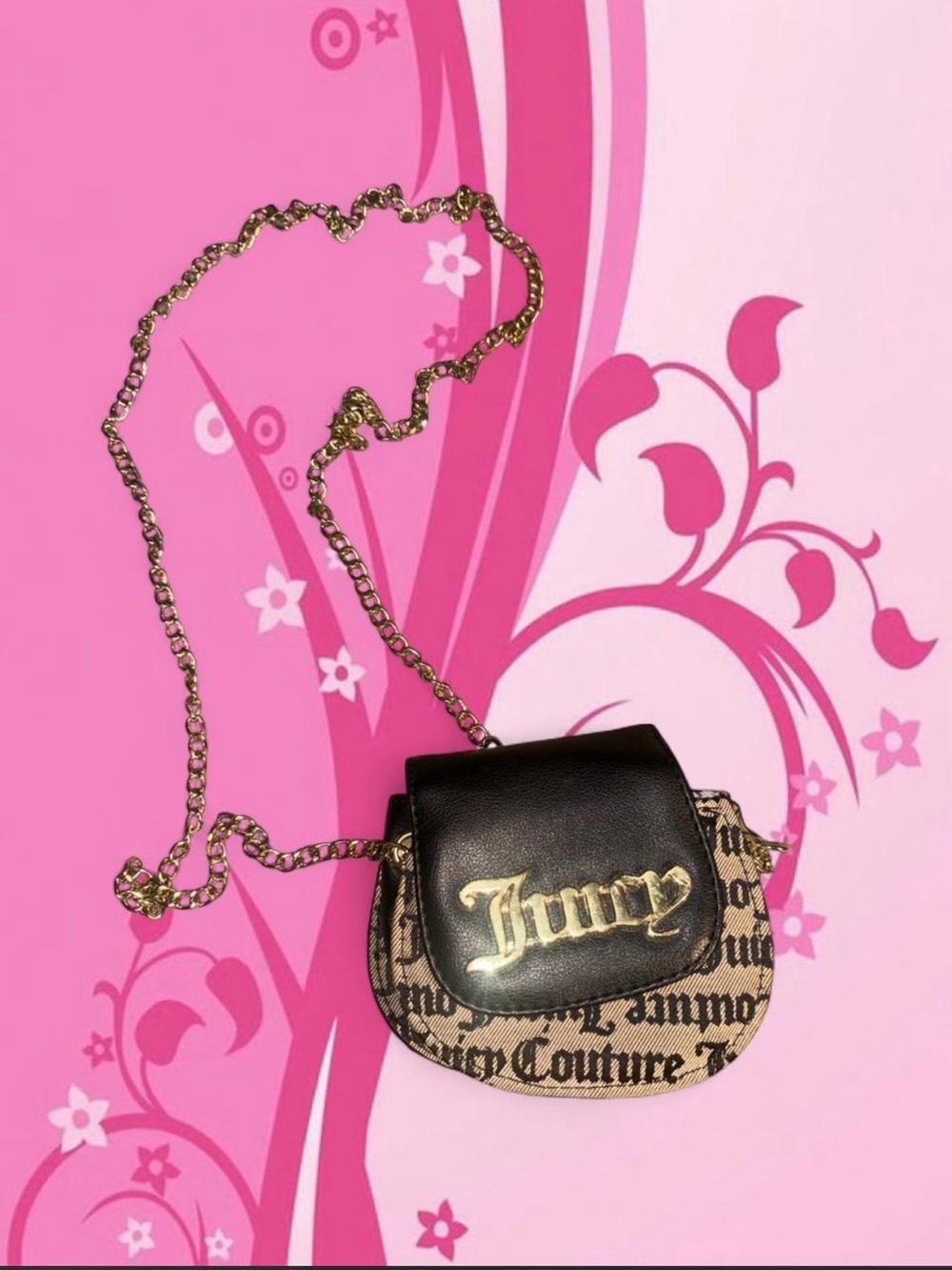 Juicy Couture Black and Beige Logo Chain Crossbody Purse